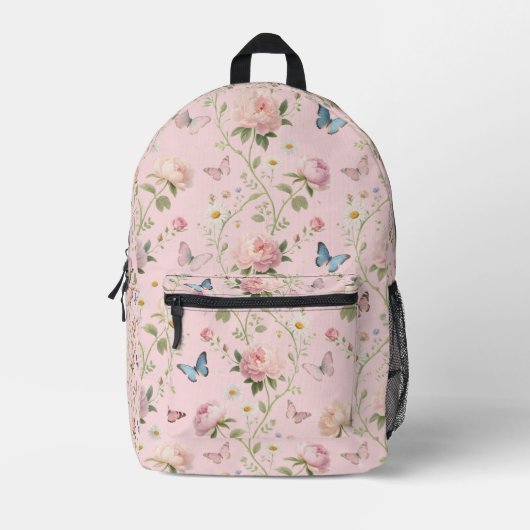 Floral Butterfly Backpack with Peonies プリントバックパック (正面)