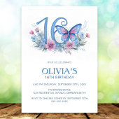 Floral Butterfly Blue 16th Birthday Party 招待状