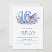 Floral Butterfly Blue 16th Birthday Party 招待状 (正面)