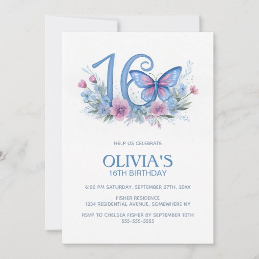 Floral Butterfly Blue 16th Birthday Party 招待状 (正面)