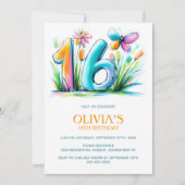 Floral Butterfly Blue Orange 16th Birthday Party 招待状 (正面)