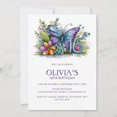 Floral Butterfly Blue Purple 16th Birthday Party 招待状 (正面)