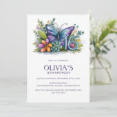 Floral Butterfly Blue Purple 16th Birthday Party 招待状 (スタンド正面)