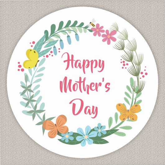 Floral Butterfly Botanical Colorful Wreath Garland ラウンドシール