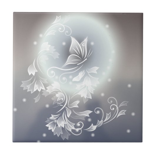 Floral Butterfly Gray Blue Animal Fantasy タイル (正面)