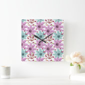Floral Butterfly Seamless Pattern | Pink and Mint  スクエア壁時計 (ホーム)