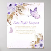 Floral Butterfly Shower Late Night Diapers Sign ポスター (正面)
