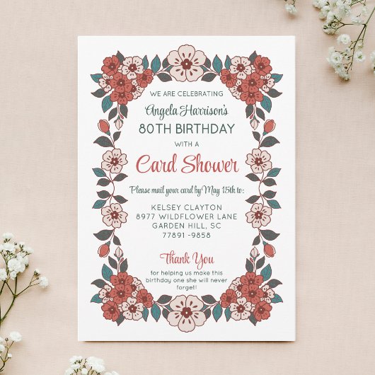 Floral Card Shower 80th Birthday Invitation 招待状