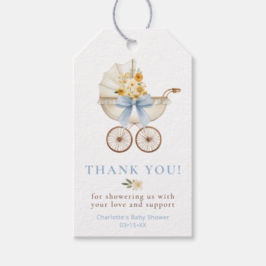 Floral Carriage Baby Shower Thank You | Blue ギフトタグ (正面)
