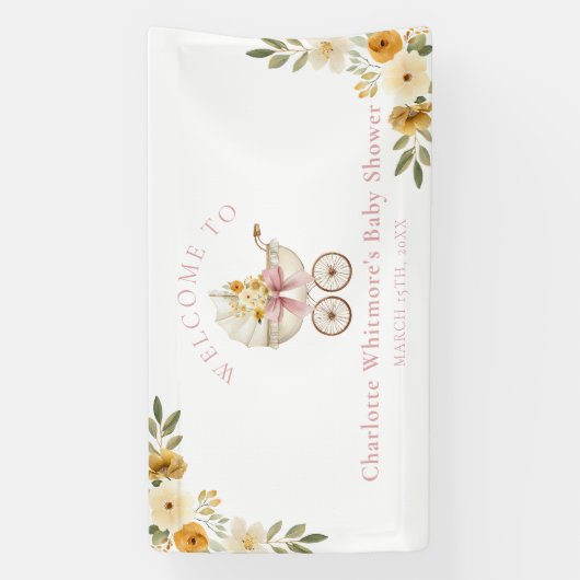 Floral Carriage Baby Shower Welcome Banner | Blush 横断幕 (縦)