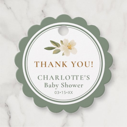 Floral Carriage Sage Green Thank You | Baby Shower フェイバータグ (正面)