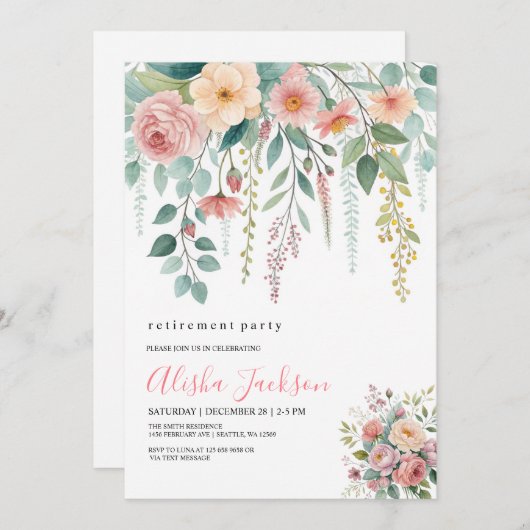 Floral Cascade Retirement Party Invitation  招待状 (正面/裏面)