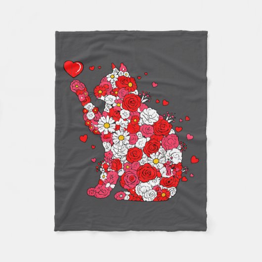 Floral Cat Heart Valentines Day Meow Kitty Kitten  フリースブランケット (正面)