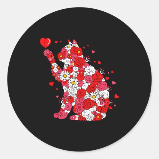 Floral Cat Heart Valentines Day Meow Kitty Kitten  ラウンドシール (正面)