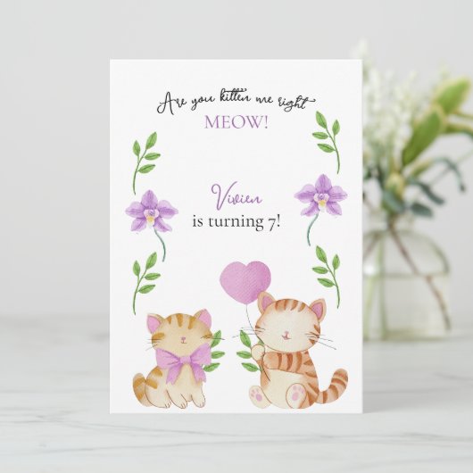 Floral Cat Kids Birthday Party 招待状 (スタンド正面)