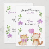 Floral Cat Kids Birthday Party 招待状 (正面/裏面)