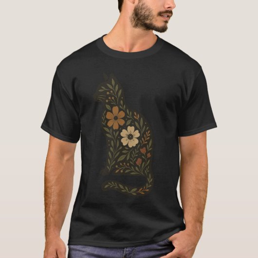 Floral Cat Silhouette — Folk Botanical in Earth To Tシャツ (正面)