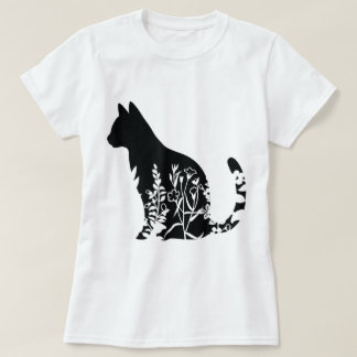 Floral Cat Silhouette Minimalist Design Tシャツ