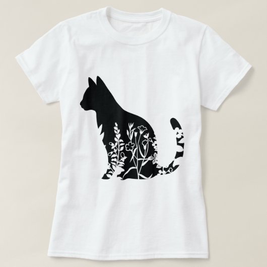 Floral Cat Silhouette Minimalist Design Tシャツ (デザイン正面)