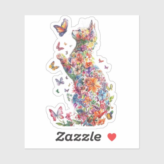 Floral Cat Silhouette with Butterflies stickers シール (シート)