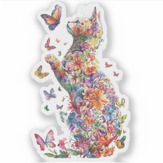 Floral Cat Silhouette with Butterflies stickers シール (正面)