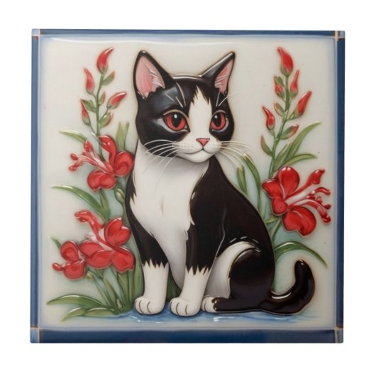 Floral Cats - Black and White Cat & Red Flowers タイル (正面)