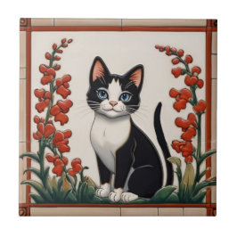 Floral Cats - Black & White Cat Red Flower Garden タイル