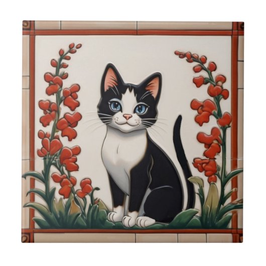 Floral Cats - Black & White Cat Red Flower Garden タイル (正面)