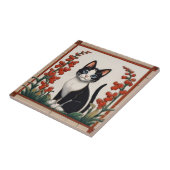 Floral Cats - Black & White Cat Red Flower Garden タイル (側面)