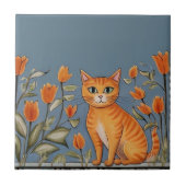 Floral Cats - Ginger Cat & Orange Flowers Cartoon タイル (正面)