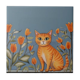 Floral Cats - Ginger Cat & Orange Flowers Cartoon タイル