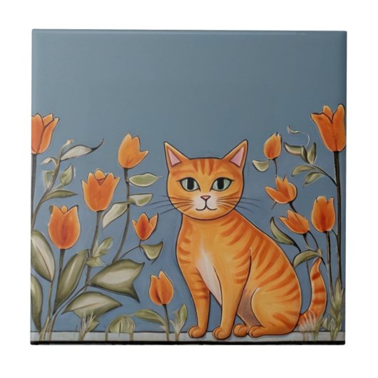 Floral Cats - Ginger Cat & Orange Flowers Cartoon タイル (正面)