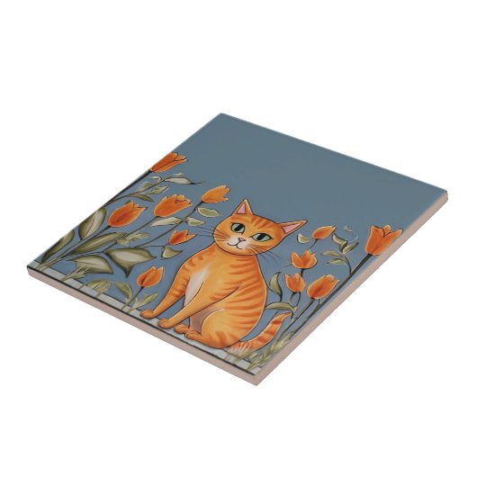 Floral Cats - Ginger Cat & Orange Flowers Cartoon タイル (側面)