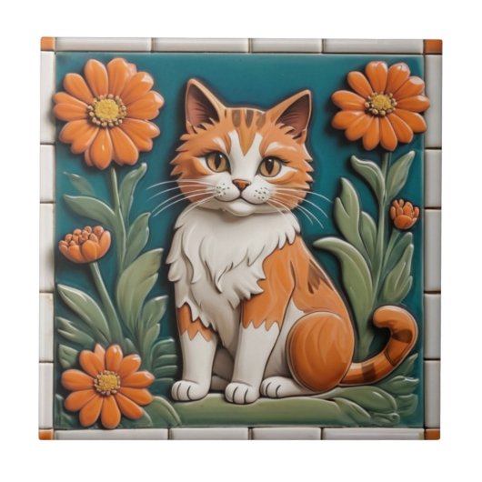 Floral Cats - Ginger Cat & Orange Flowers Garden タイル (正面)