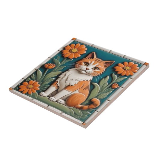 Floral Cats - Ginger Cat & Orange Flowers Garden タイル (側面)