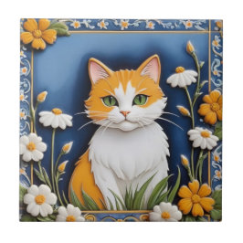 Floral Cats - Ginger Cat Orange White Flowers Blue タイル