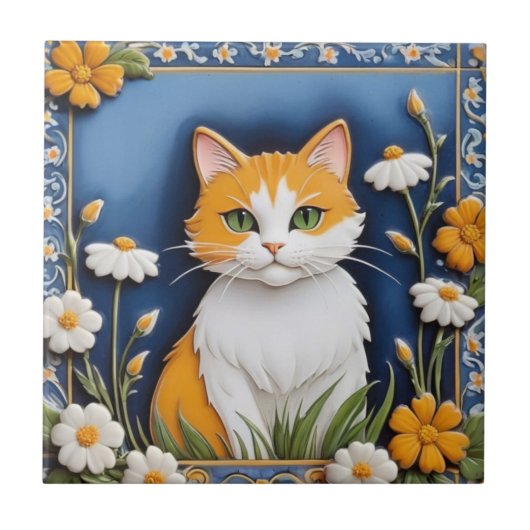 Floral Cats - Ginger Cat Orange White Flowers Blue タイル (正面)
