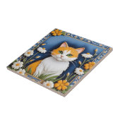 Floral Cats - Ginger Cat Orange White Flowers Blue タイル (側面)