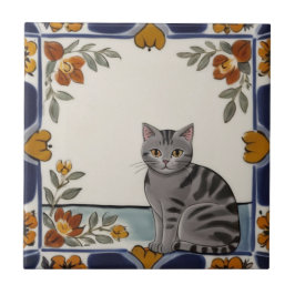 Floral Cats - Grey Tabby Cat & Orange Red Flowers タイル