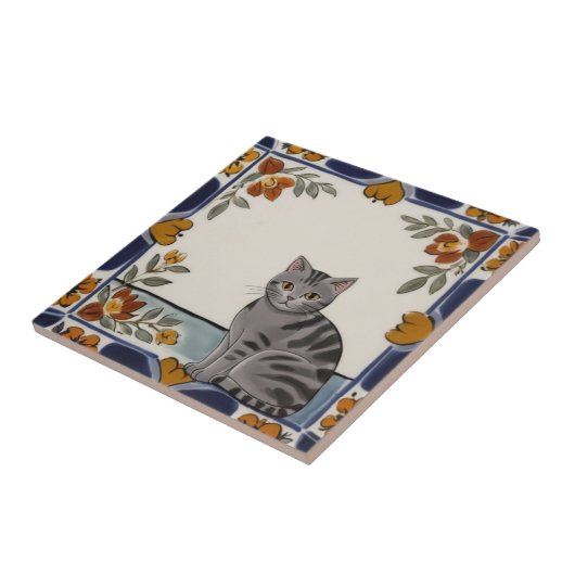 Floral Cats - Grey Tabby Cat & Orange Red Flowers タイル (側面)