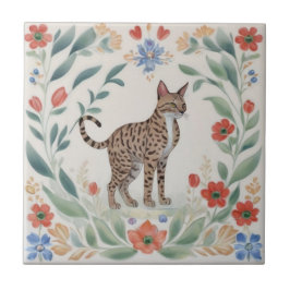 Floral Cats - Savannah Cat Colorful Folk Flowers タイル