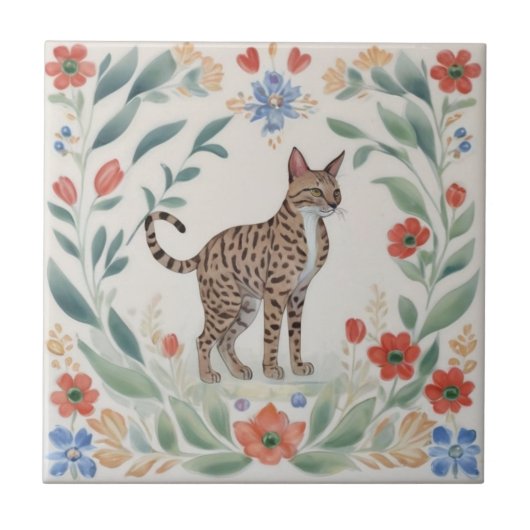 Floral Cats - Savannah Cat Colorful Folk Flowers タイル (正面)