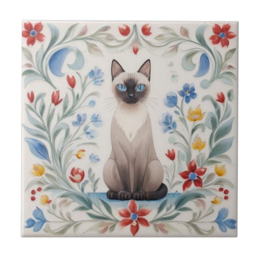 Floral Cats - Siamese Cat Colorful Folk Flowers タイル (正面)