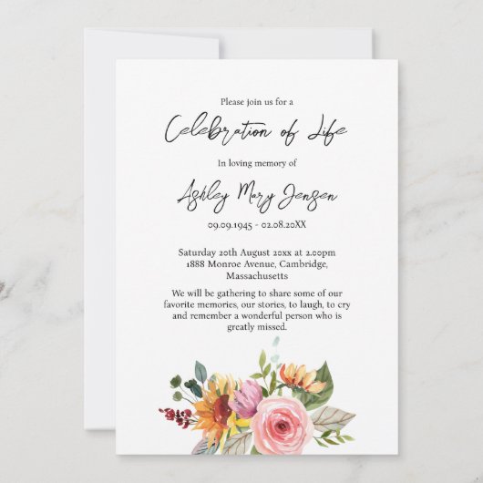 Floral Celebration of Life Photo Funeral 招待状 (裏面)