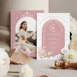 Floral Celestial Moon Star Tiara Quinceanera Photo 箔招待状