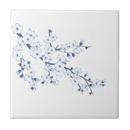 Floral Cherry Blossom Blue White タイル