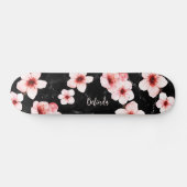 Floral Cherry Blossom Monogram Black Pink Girly スケートボード (横)