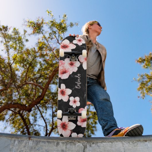 Floral Cherry Blossom Monogram Black Pink Girly スケートボード (室外1)