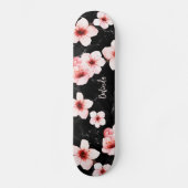 Floral Cherry Blossom Monogram Black Pink Girly スケートボード (正面)