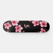 Floral Cherry Blossom Monogram Black Pink Girly スケートボード (横)